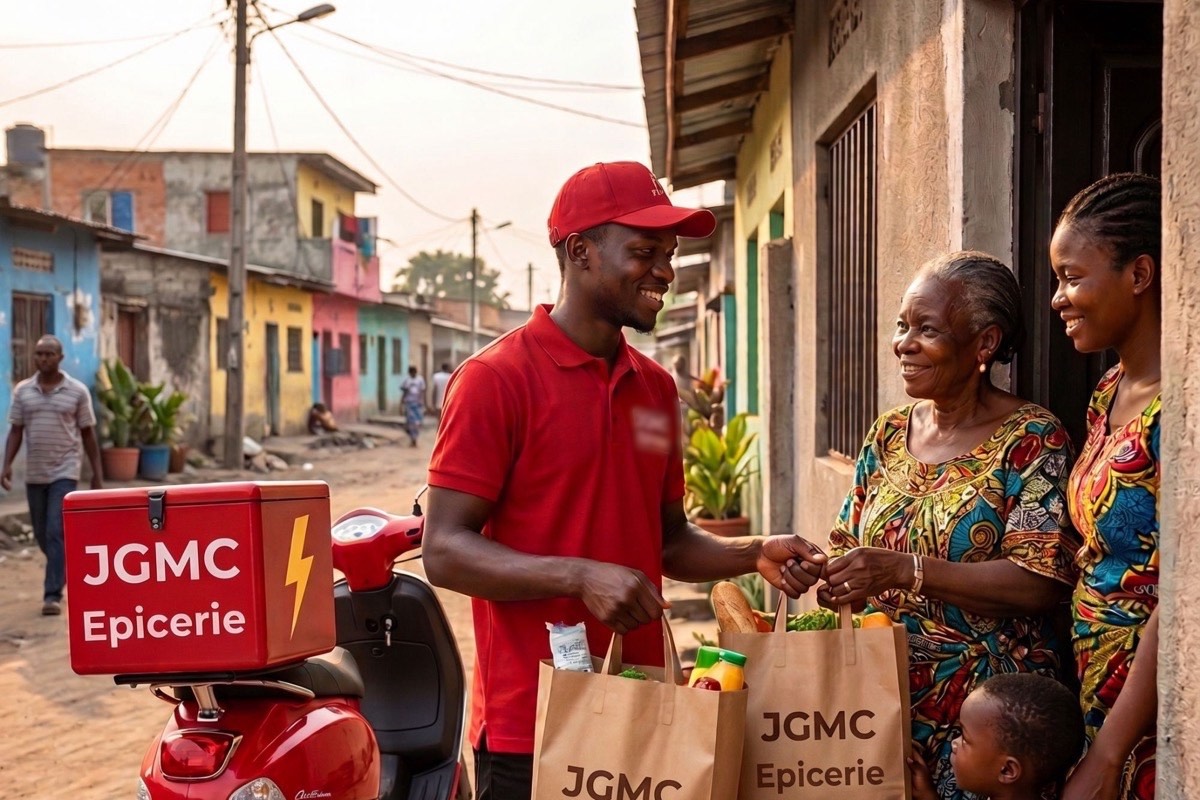 Un livreur JGMC remet deux sacs de courses à une famille, devant sa porte à Pointe-Noire